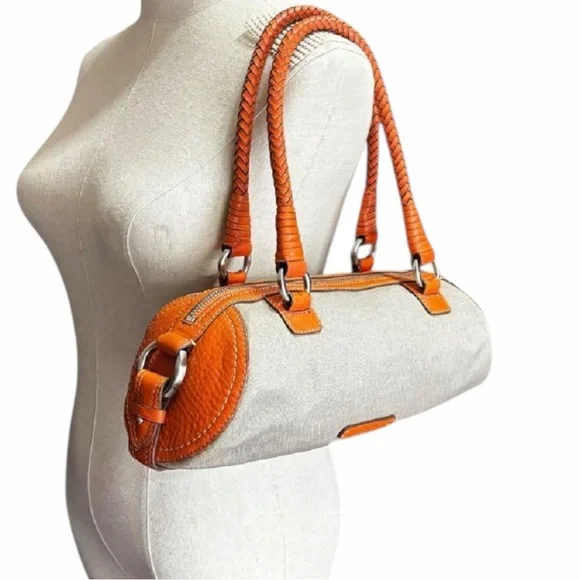 Cole Han Gray Canvas Orange Leather Barrel Satchel - Picture 7 of 16